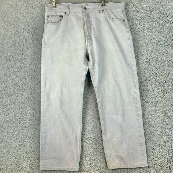 VINTAGE Levis 501 Jeans Men 34x26White Button Fly Straight Leg Denim Light Wash - Picture 1 of 9